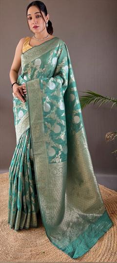Party Wear, Traditional Blue color Saree in Cotton fabric with Bengali Weaving, Zari work : 1942029