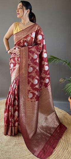 Party Wear, Traditional Red and Maroon color Saree in Cotton fabric with Bengali Weaving, Zari work : 1942030