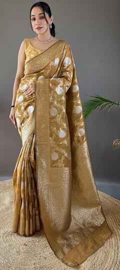 Party Wear, Traditional Gold color Saree in Cotton fabric with Bengali Weaving, Zari work : 1942033