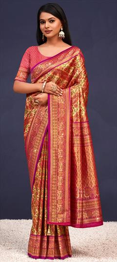 Traditional, Wedding Pink and Majenta color Saree in Banarasi Silk fabric with South Weaving, Zari work : 1942035