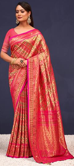 Traditional, Wedding Pink and Majenta color Saree in Banarasi Silk fabric with South Weaving, Zari work : 1942043