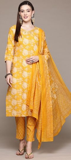 Festive, Summer Yellow color Salwar Kameez in Cotton fabric with Straight Cut Dana, Floral, Printed, Zardozi work : 1942111