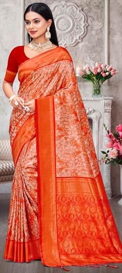 Party Wear, Traditional Red and Maroon color Saree in Kanjeevaram Silk fabric with South Printed work : 1942152
