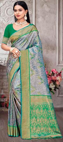 Party Wear, Traditional Black and Grey color Saree in Kanjeevaram Silk fabric with South Printed work : 1942156
