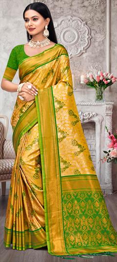 Party Wear, Traditional Yellow color Saree in Kanjeevaram Silk fabric with South Printed work : 1942158