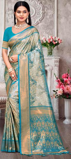 Party Wear, Traditional Blue color Saree in Kanjeevaram Silk fabric with South Printed work : 1942168