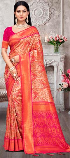 Party Wear, Traditional Pink and Majenta color Saree in Kanjeevaram Silk fabric with South Printed work : 1942171