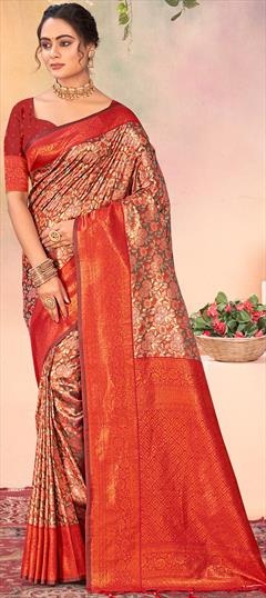 Party Wear, Traditional Multicolor color Saree in Kanjeevaram Silk fabric with South Printed, Weaving, Zari work : 1942174