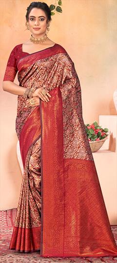 Party Wear, Traditional Multicolor color Saree in Kanjeevaram Silk fabric with South Printed, Weaving, Zari work : 1942175