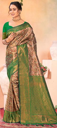 Party Wear, Traditional Multicolor color Saree in Kanjeevaram Silk fabric with South Printed, Weaving, Zari work : 1942177
