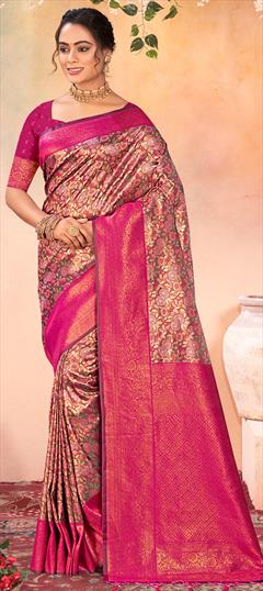 Party Wear, Traditional Multicolor color Saree in Kanjeevaram Silk fabric with South Printed, Weaving, Zari work : 1942179
