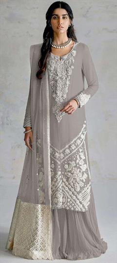Festive, Reception Black and Grey color Salwar Kameez in Faux Georgette fabric with Pakistani, Palazzo, Straight Embroidered, Sequence work : 1942261