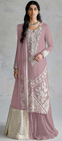 Festive, Reception Pink and Majenta color Salwar Kameez in Faux Georgette fabric with Pakistani, Palazzo, Straight Embroidered, Sequence work : 1942262