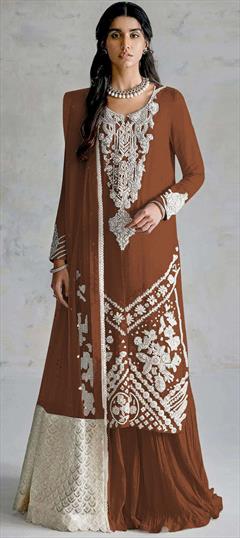 Festive, Reception Beige and Brown color Salwar Kameez in Faux Georgette fabric with Pakistani, Palazzo, Straight Embroidered, Sequence work : 1942263