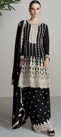 Reception, Wedding Black and Grey color Salwar Kameez in Silk fabric with Palazzo, Straight Embroidered, Resham, Thread work : 1942267