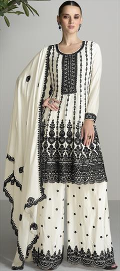 Reception, Wedding White and Off White color Salwar Kameez in Silk fabric with Palazzo, Straight Embroidered, Resham, Thread work : 1942268