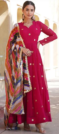 Festive, Reception Pink and Majenta color Gown in Georgette fabric with Embroidered, Thread, Zari work : 1942275