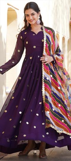 Festive, Reception Purple and Violet color Gown in Georgette fabric with Embroidered, Thread, Zari work : 1942277