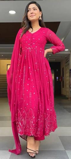 Party Wear, Reception Pink and Majenta color Salwar Kameez in Faux Georgette fabric with Anarkali Embroidered, Sequence, Thread work : 1942278