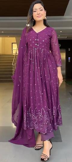 Party Wear, Reception Purple and Violet color Salwar Kameez in Faux Georgette fabric with Anarkali Embroidered, Sequence, Thread work : 1942280