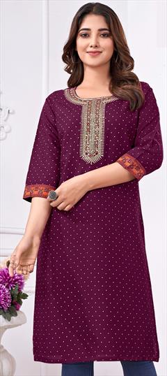 Casual, Party Wear Purple and Violet color Kurti in Cotton, Rayon fabric with Embroidered, Sequence, Thread work : 1942282