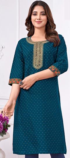 Casual, Party Wear Blue color Kurti in Cotton, Rayon fabric with Embroidered, Sequence, Thread work : 1942283