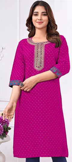 Casual, Party Wear Pink and Majenta color Kurti in Cotton, Rayon fabric with Embroidered, Sequence, Thread work : 1942284