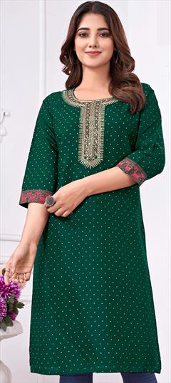 Casual, Party Wear Green color Kurti in Cotton, Rayon fabric with Embroidered, Sequence, Thread work : 1942285