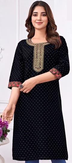 Casual, Party Wear Black and Grey color Kurti in Cotton, Rayon fabric with Embroidered, Sequence, Thread work : 1942286