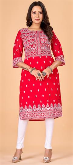 Party Wear Red and Maroon color Kurti in Georgette fabric with Straight Thread work : 1942294