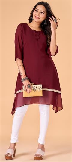 Party Wear Red and Maroon color Kurti in Georgette fabric with Straight Embroidered, Thread work : 1942295
