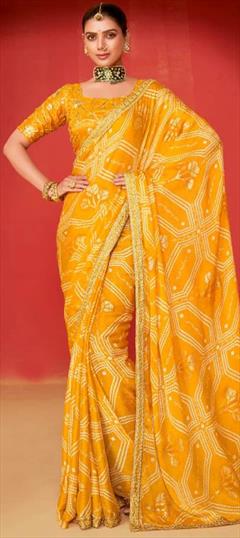 Festive, Reception Yellow color Saree in Chiffon fabric with Classic Bandhej, Embroidered, Printed work : 1942441
