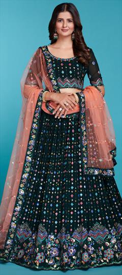 Festive, Reception Blue color Lehenga in Georgette fabric with Flared Mirror, Sequence, Thread work : 1942473