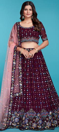 Festive, Reception Purple and Violet color Lehenga in Georgette fabric with Flared Mirror, Sequence, Thread work : 1942474