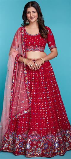 Festive, Reception Red and Maroon color Lehenga in Georgette fabric with Flared Mirror, Sequence, Thread work : 1942475