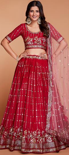 Bridal, Wedding Red and Maroon color Lehenga in Georgette fabric with Flared Embroidered, Resham, Sequence, Thread work : 1942488