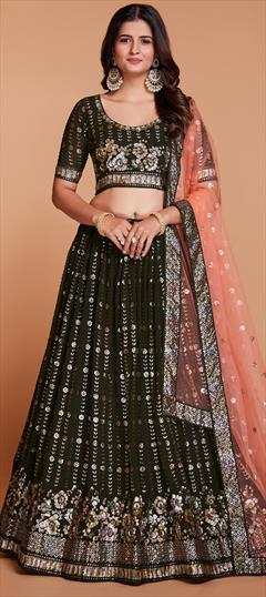 Bridal, Wedding Green color Lehenga in Georgette fabric with Flared Embroidered, Resham, Sequence, Thread work : 1942489