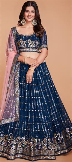 Bridal, Wedding Blue color Lehenga in Georgette fabric with Flared Embroidered, Resham, Sequence, Thread work : 1942490