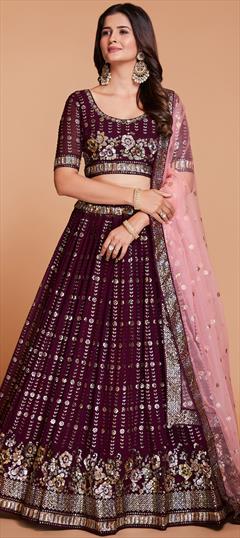 Bridal, Wedding Purple and Violet color Lehenga in Georgette fabric with Flared Embroidered, Resham, Sequence, Thread work : 1942491