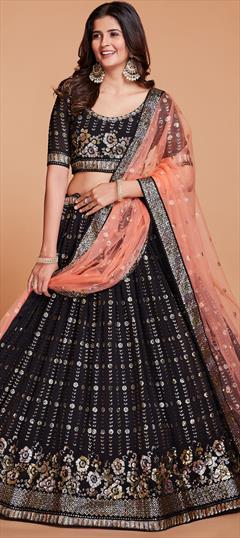 Bridal, Wedding Black and Grey color Lehenga in Georgette fabric with Flared Embroidered, Resham, Sequence, Thread work : 1942492