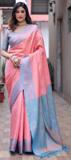 Party Wear, Traditional Pink and Majenta color Saree in Kanjeevaram Silk fabric with South Weaving, Zari work : 1942493