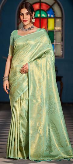 Party Wear, Traditional Green color Saree in Blended fabric with South Weaving, Zari work : 1942495