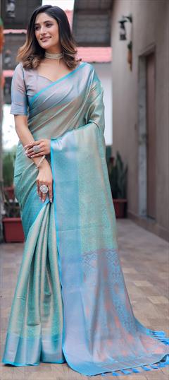 Party Wear, Traditional Blue color Saree in Kanjeevaram Silk fabric with South Weaving, Zari work : 1942496