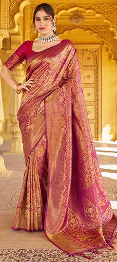 Party Wear, Traditional Red and Maroon color Saree in Blended fabric with South Weaving, Zari work : 1942500