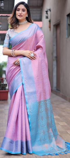 Party Wear, Traditional Pink and Majenta color Saree in Kanjeevaram Silk fabric with South Weaving, Zari work : 1942501