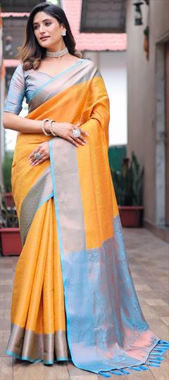 Party Wear, Traditional Yellow color Saree in Kanjeevaram Silk fabric with South Weaving, Zari work : 1942503