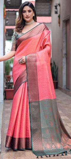 Party Wear, Traditional Pink and Majenta color Saree in Kanjeevaram Silk fabric with South Weaving, Zari work : 1942504