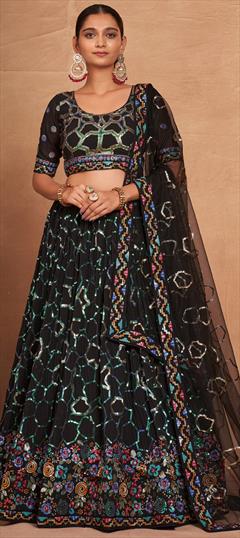 Festive, Reception Blue color Lehenga in Georgette fabric with Flared Embroidered, Sequence, Thread work : 1942509