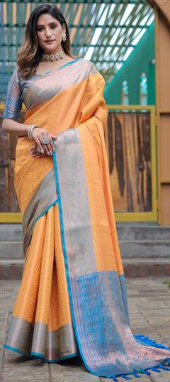 Festive, Traditional Orange color Saree in Kanjeevaram Silk fabric with South Weaving, Zari work : 1942510