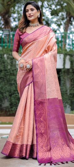 Party Wear, Traditional Pink and Majenta color Saree in Kanjeevaram Silk fabric with South Weaving, Zari work : 1942513